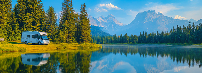 RV in mountains by lake
